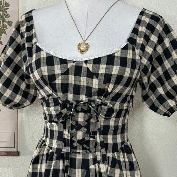 Partysu Plaid Lace Up Corset Milkmaid Dress Dolly Coquette Cottage Prairie S - Picture 2 of 5